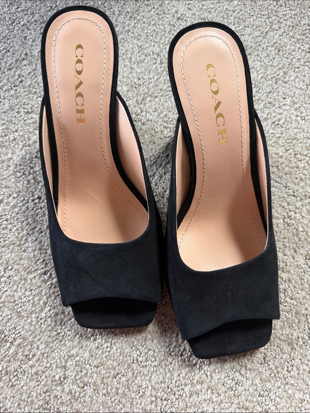 Coach Black Suede Open-Toe Slide Mules with Tan Insole and Gold Logo